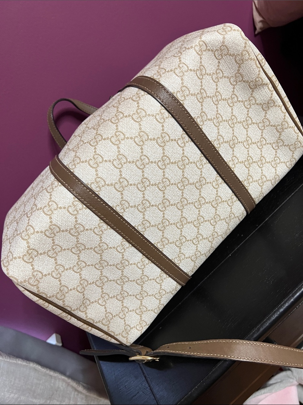 Rare !! Gucci Beige GG supreme canvas boston bag with Brown Leather Trim - Picture 9 of 16